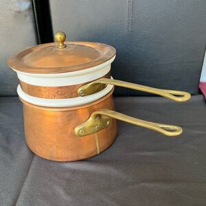 Copper & Porcelain Double Boiler Pan w/ Lid~Tin Lined, Brass Handles~Bain Marie